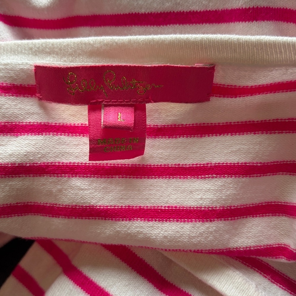 Lilly Pulitzer Ruth Striped Ruffle Sweater Beach Stripe Pink Tango Sz L - Picture 6 of 12